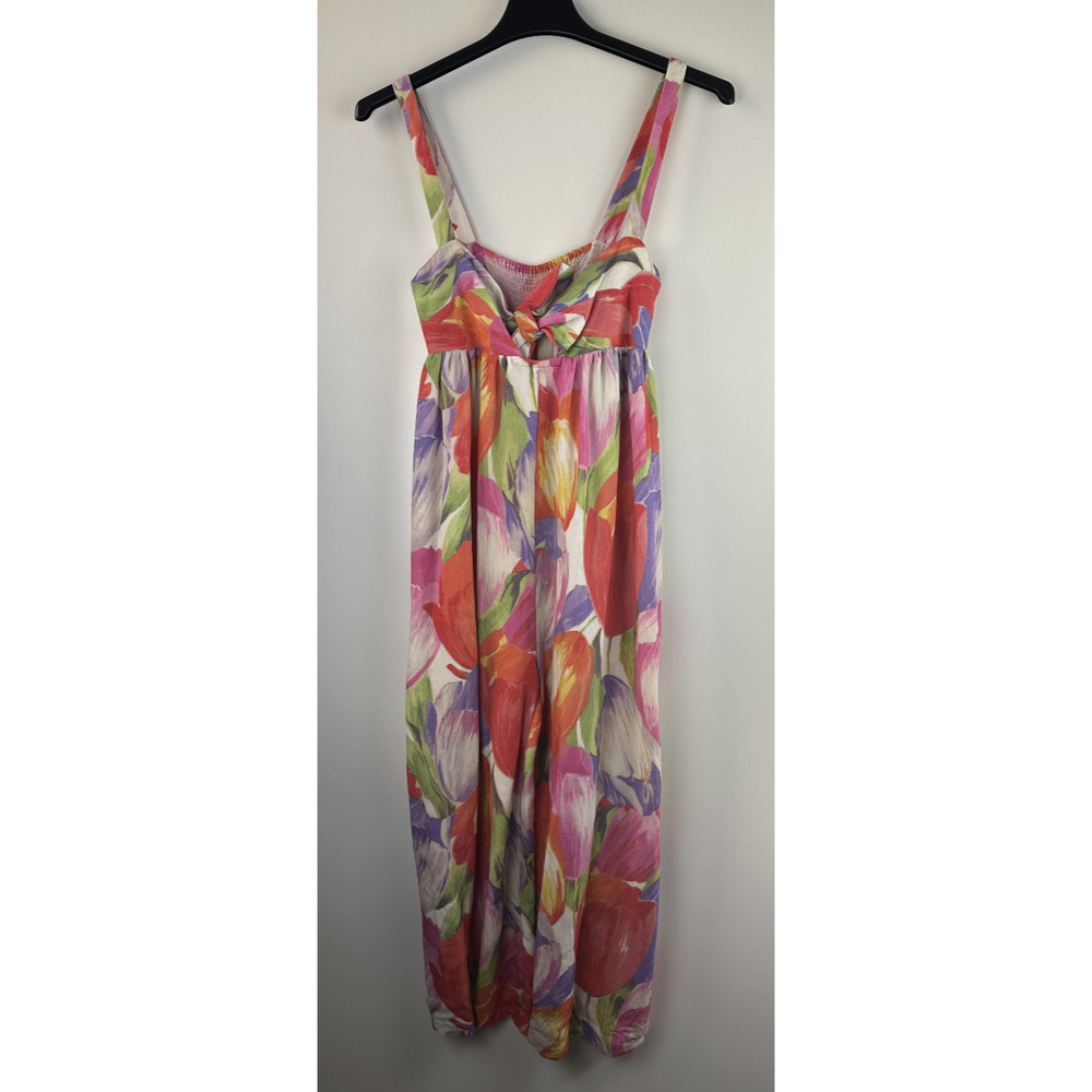 Pepaloves Playsuit Wide Leg Floral Watercolor Jumpsuit Bow Tie Front Pocket Sz M - Picture 2 of 13